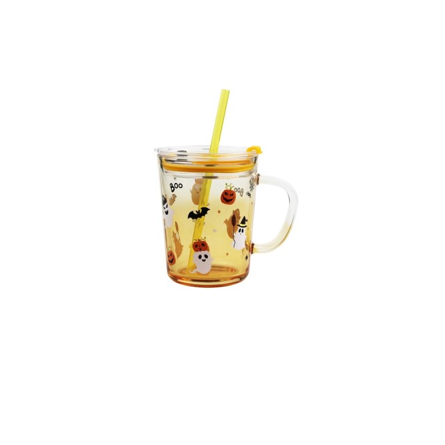 Glass Cup with Lid and Straw 400ml Halloween