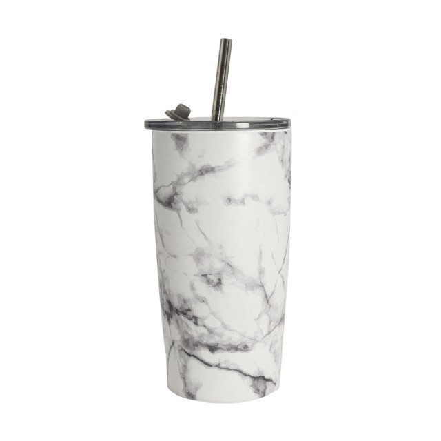 Stainless Steel Tumbler with Straw and Marble Pattern 530ml Black