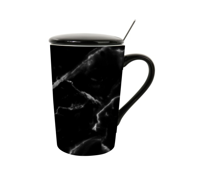 Ceramic Mug with Lid and Marble Pattern 380ml Black