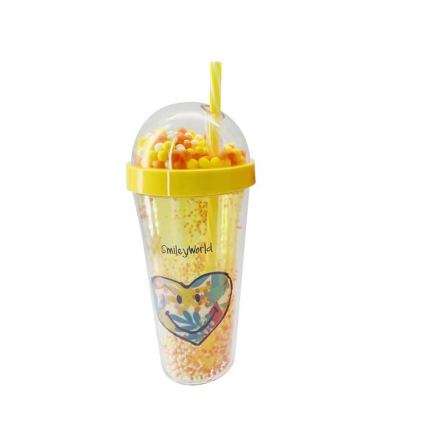 Ποτήρι Πλαστικό με Καπάκι και Καλαμάκι 420ml SmileyWorld Κίτρινο