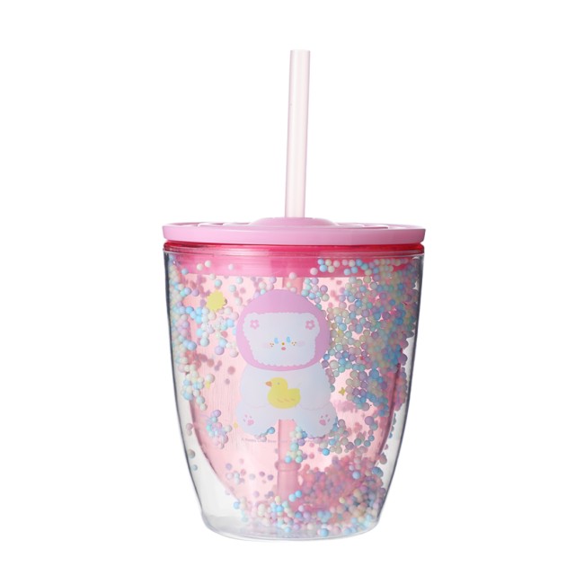 Ποτήρι Πλαστικό με Διπλό Τοίχωμα και Καλαμάκι 350ml Αρκουδάκι Ροζ